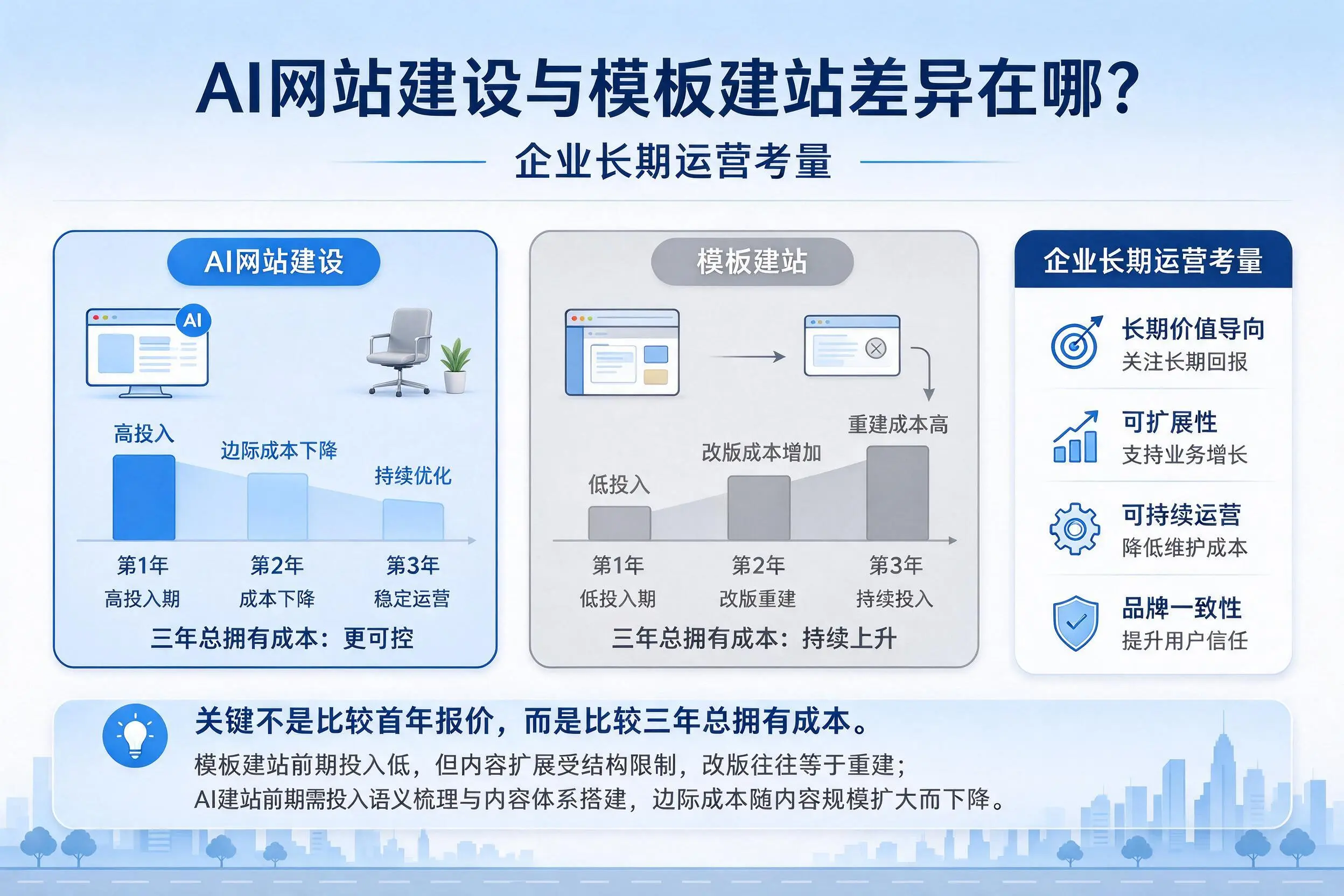 AI网站建设与模板建站差异在哪？长治企业长期运营考量
